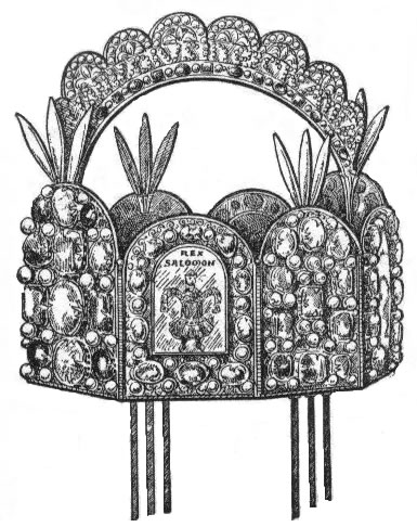 Beschreibung: Rekonstruktion der ursprünglichen Gestalt der Reichskrone (Quelle: Wikipedia, gemeinfrei)