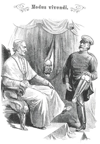 Karikatur "Modus vivendi" aus dem Kladderadatsch, 1878. Die Bildunterschrift lautet: Pontifex: "Nun bitte, genieren Sie sich nicht!", Kanzler Bismarck: "Bitte gleichfalls!" (Quelle: Wikipedia, gemeinfrei)