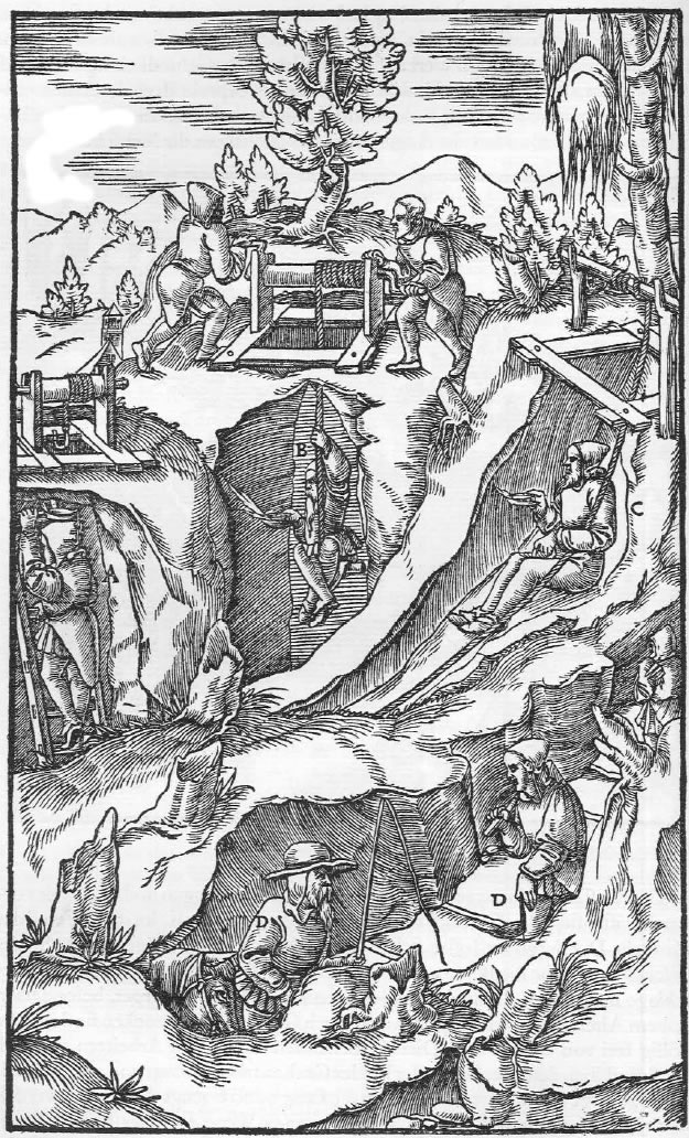"Die verschiedenen Arten der Fahrung",1556, A: Ein Bergmann, der auf der Fahrt einfährt B: Einer, der auf dem Knebel sitzt C: Einer, der auf dem Leder einfährt D: Auf Stufen, die im Gestein hergestellt sind, Einfahrende (Quelle: Wikipedia, gemeinfrei)
