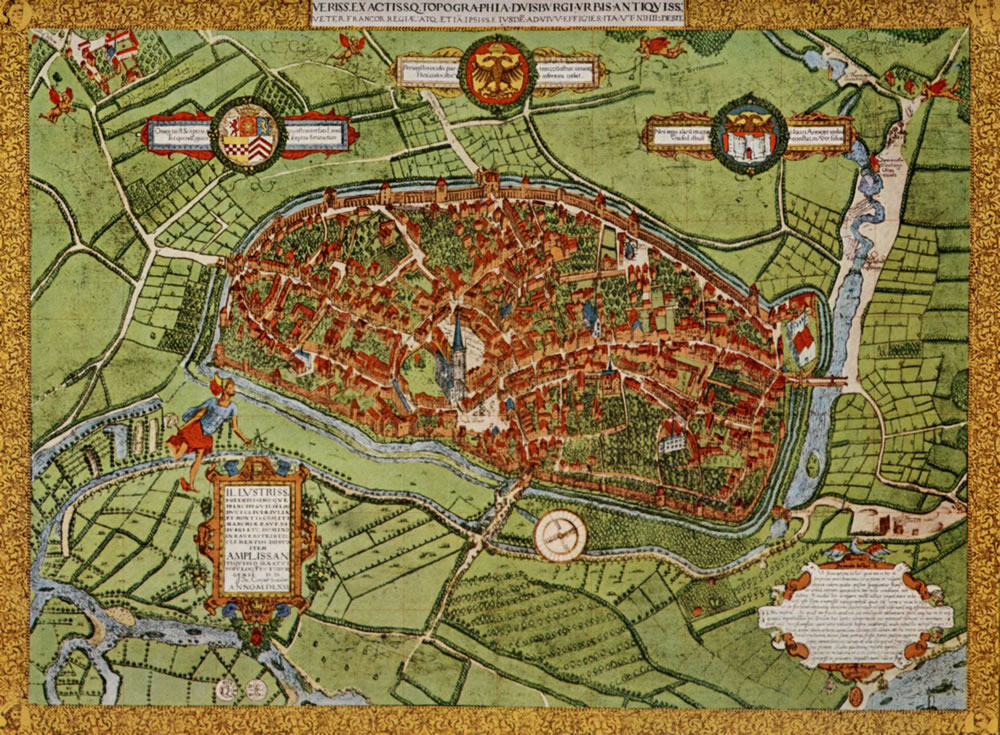 Historische Ansicht von Duisburg, kolorierter Kupferstich von Johann van den Corput, 1566 (Quelle: Wikipedia, gemeinfrei)