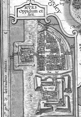 Moers, Stadtplan von Mercator 1591 (Quelle: Wikipedia, gemeinfrei)