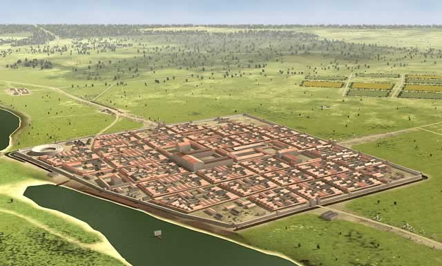 Die Colonia Ulpia Traiana (CUT) Anfang des 2. Jh., virtuelle Rekonstruktion (Quelle: Dießenbacher Informationsmedien)