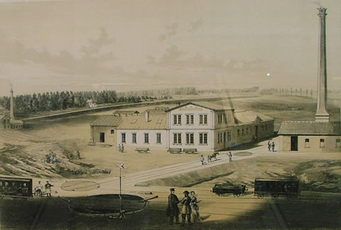 Abb. 1: Zinkfabrik Oberhausen, um 1856. Lithografie aus: Canelle, La Belgique industrielle (Quelle: LVR-Industriemuseum Standort Oberhausen)